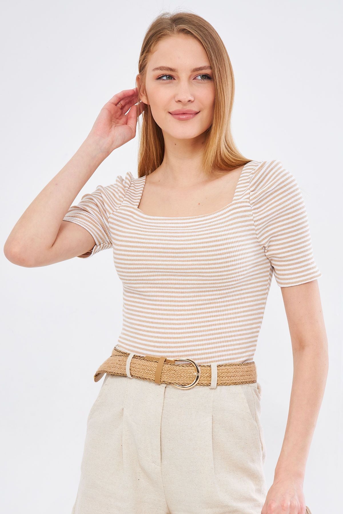 Female beige front back square collar watermelon arm striped blouse ARM-24Y133009
