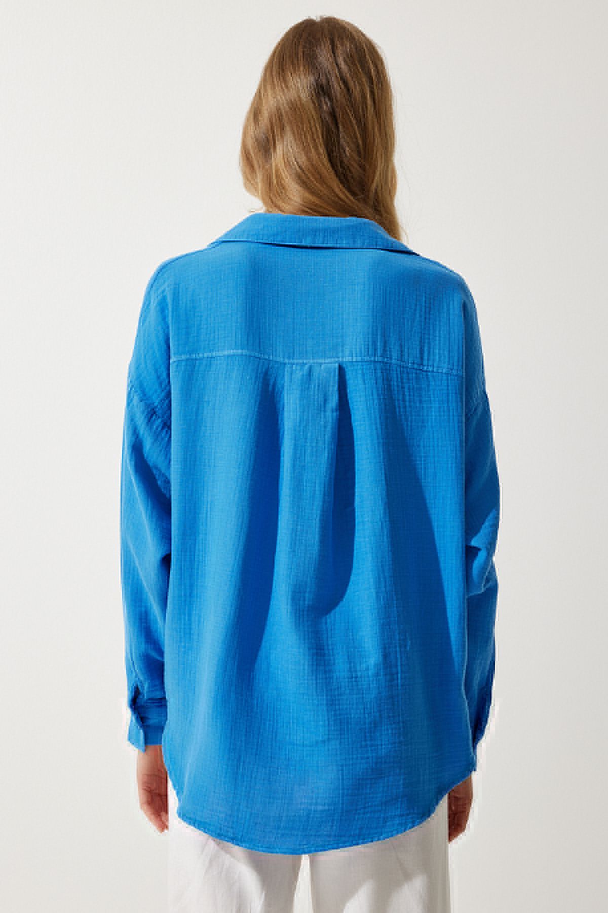 Woman Blue Pocket Oversize Müslin Shirt MX00150