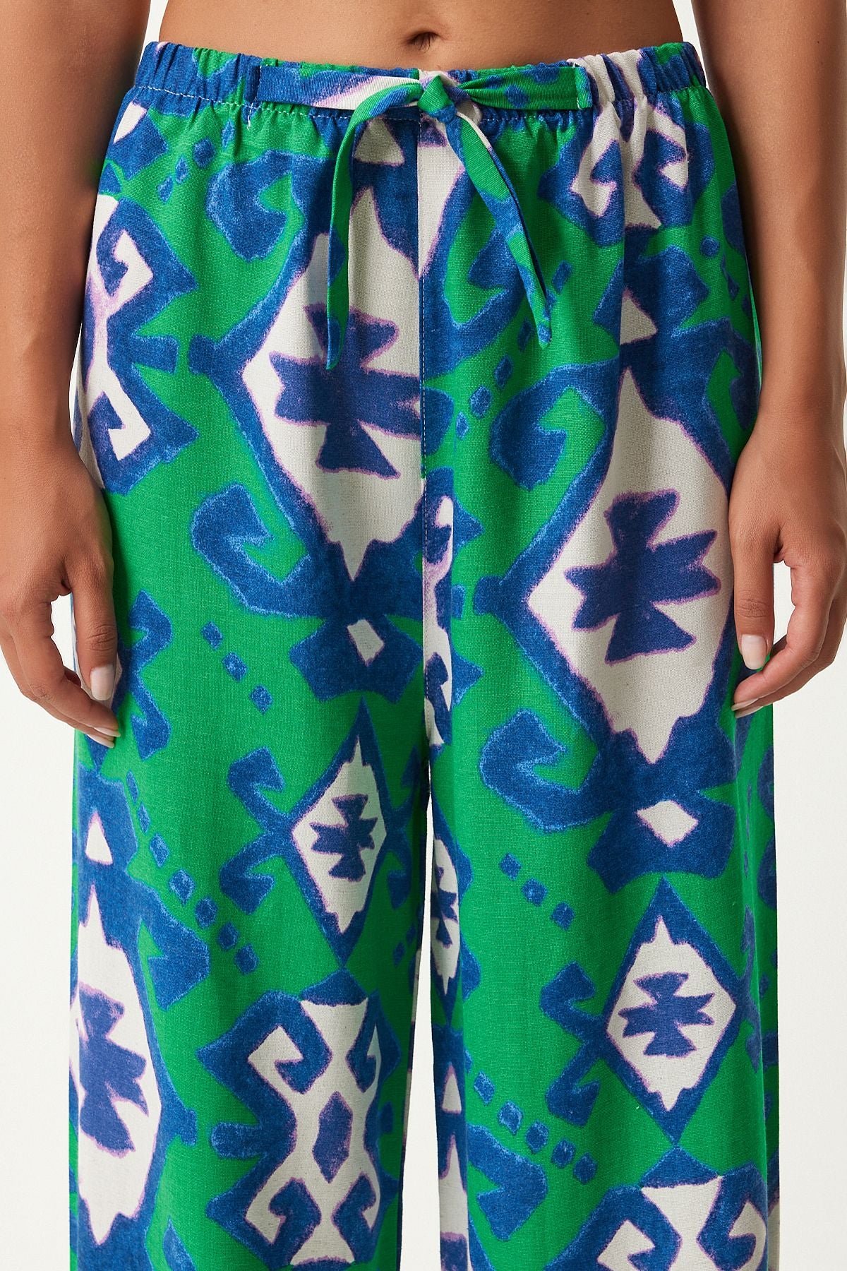 Female Green Blue Patterned Raw Linen Palazzo Pants BH00397