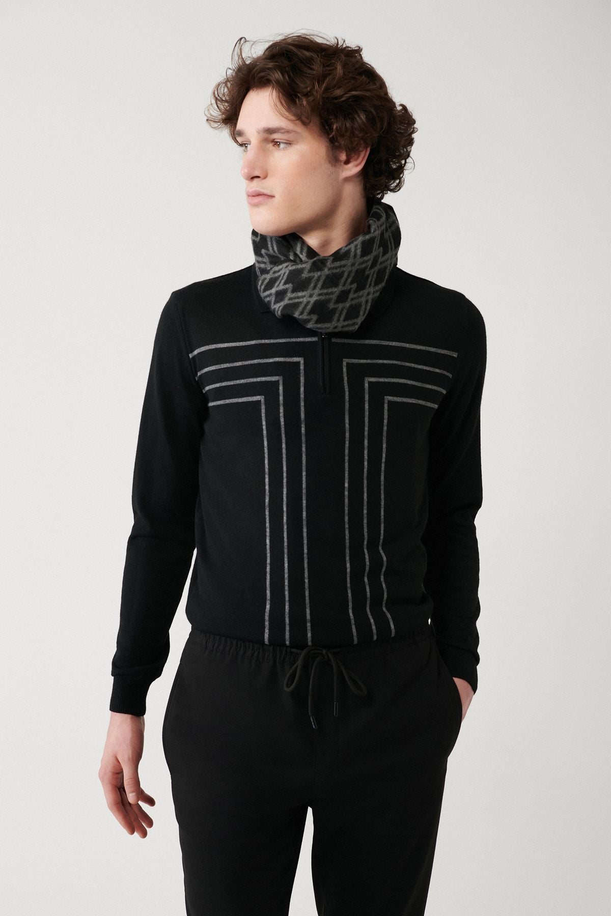 Men's black zipper wool mixture striped knitwear sweater A32Y5094