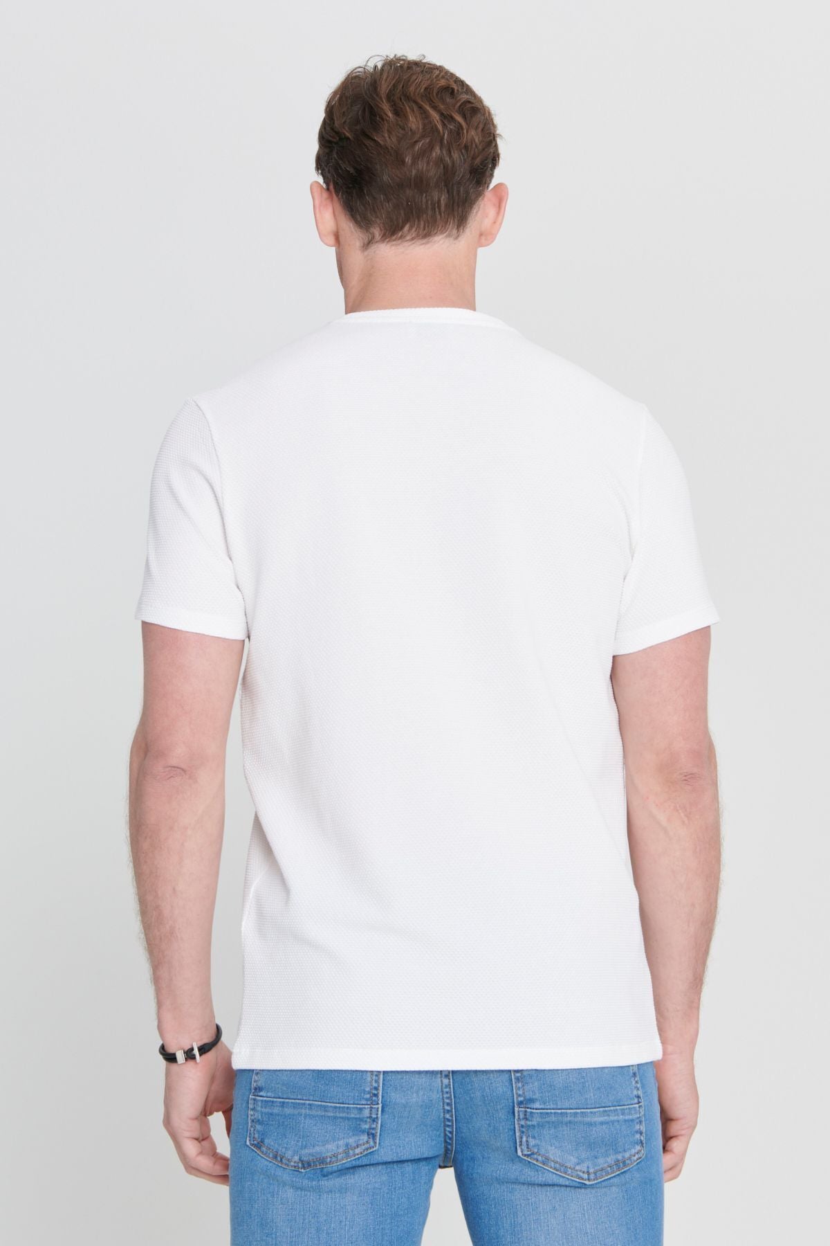 Men's white slim fit narrow cut modal bike collar soft button flexible basic t -shirt