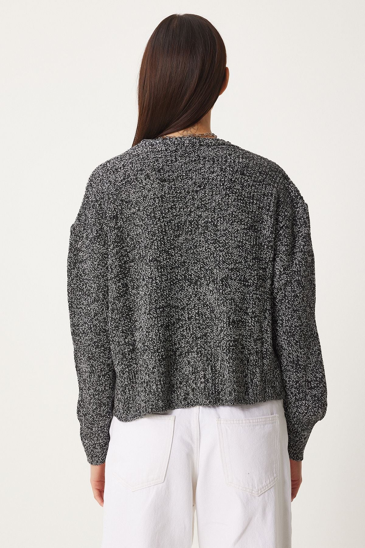 Women's Gray Melanj Kırçıllı V neck knitwear cardigan FN03338