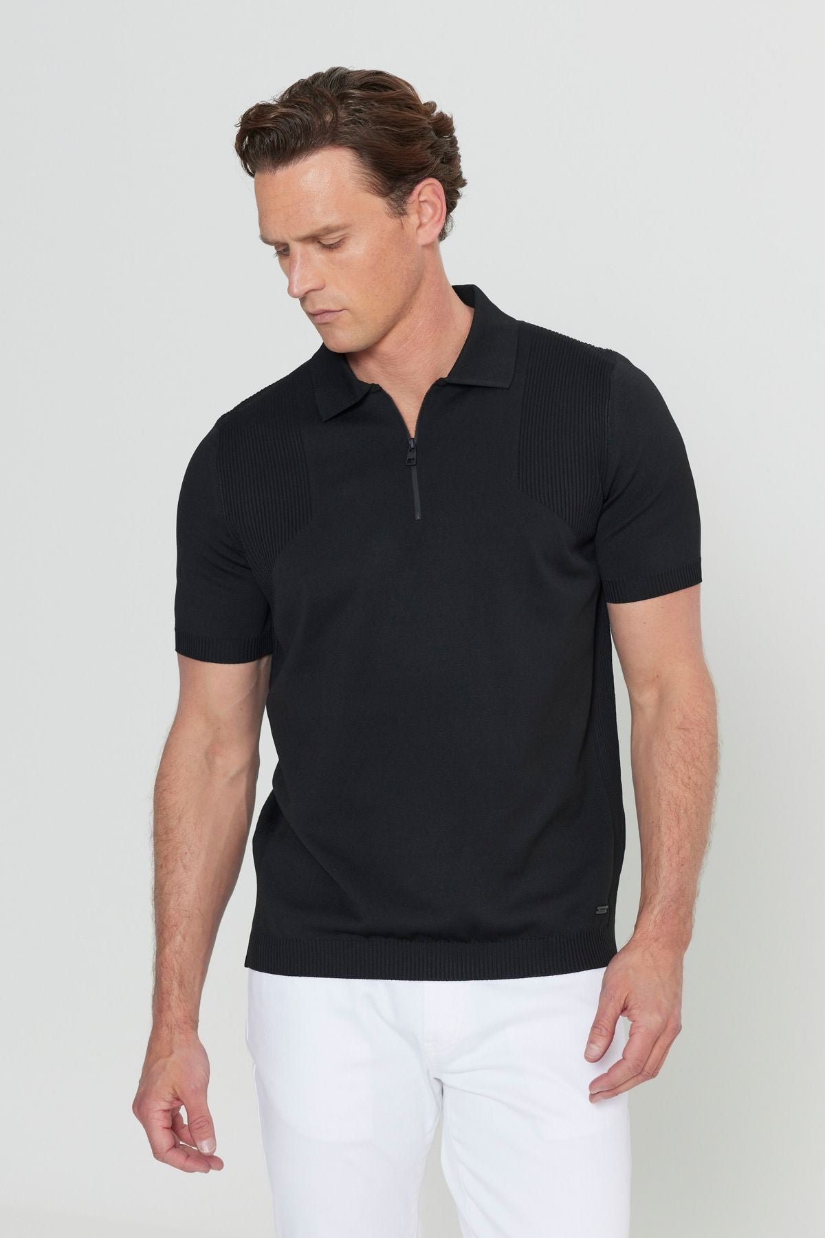 Men's Black Standard Fit Normal Cut Polo Yaka Jacquari Triko T -shirt
