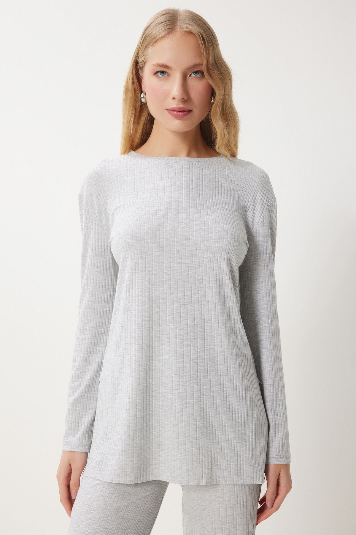 Woman Light Gray Casual Wick Knitting Blouse Pants Set OW00054
