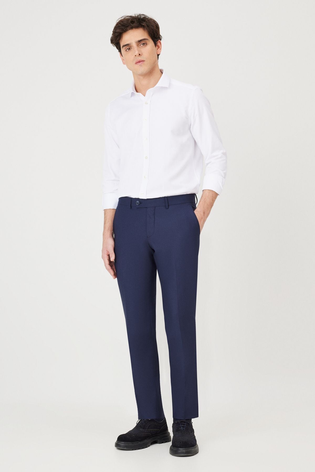 Men's navy blue slim fit narrow cut classic side pocket pants