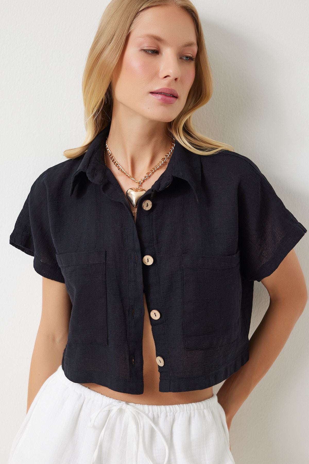 Women's Black Wide Pocket Cottage Summer Bolero Jacket GP00004