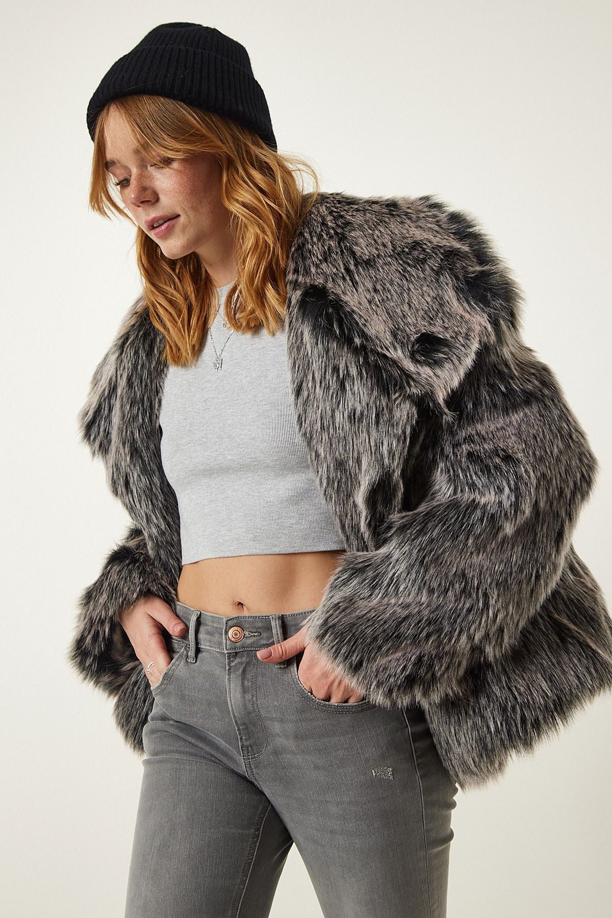 Gray Premium wide collar artificial fur jacket FN03169