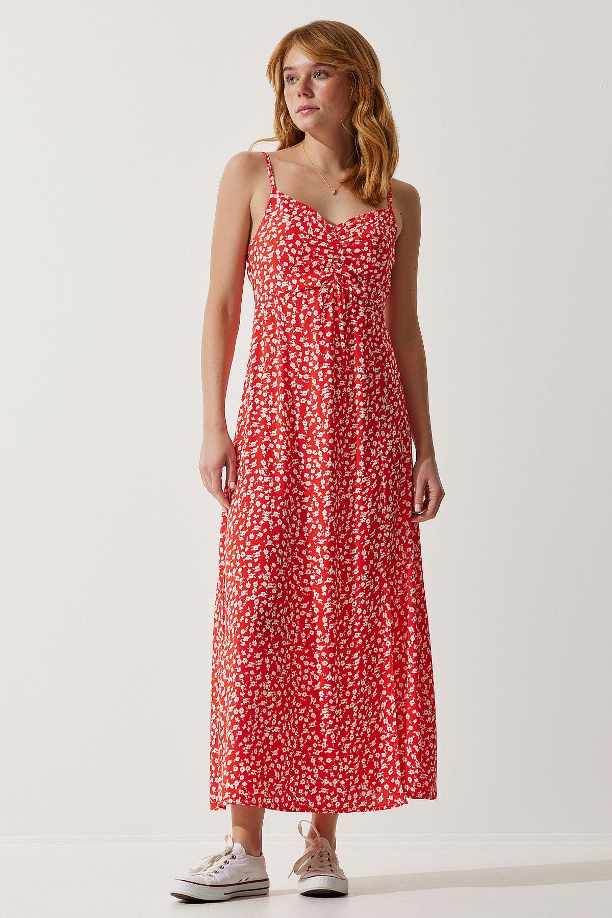 Female red strap patterned viscose dress ub00236