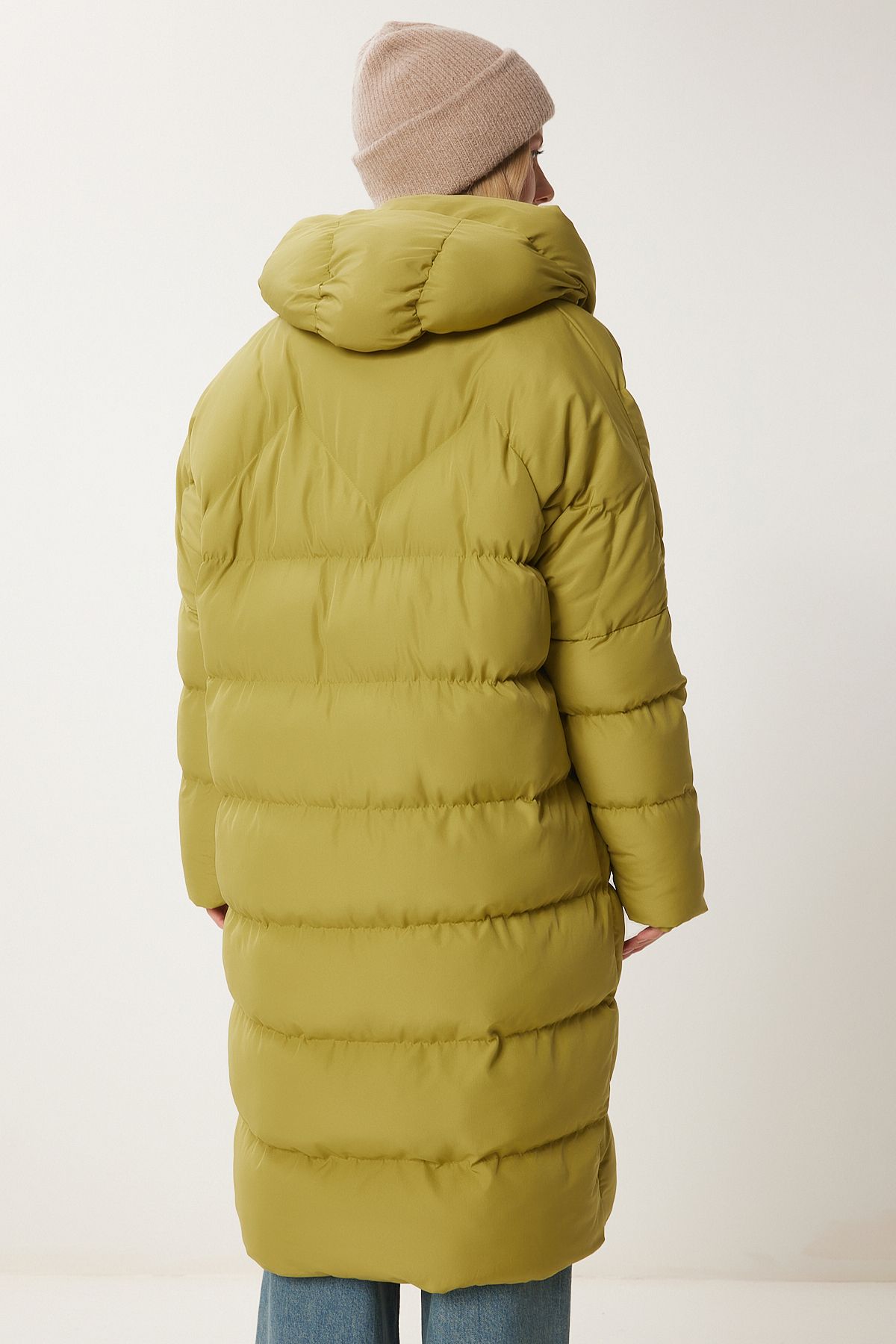 Female fat green hooded overlooking long swelling coat NT00428