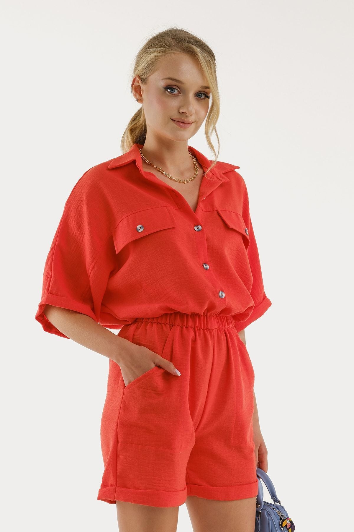 Female coral bat sleeve pocket with waist waist tire shorts overalls Arm-23y001075