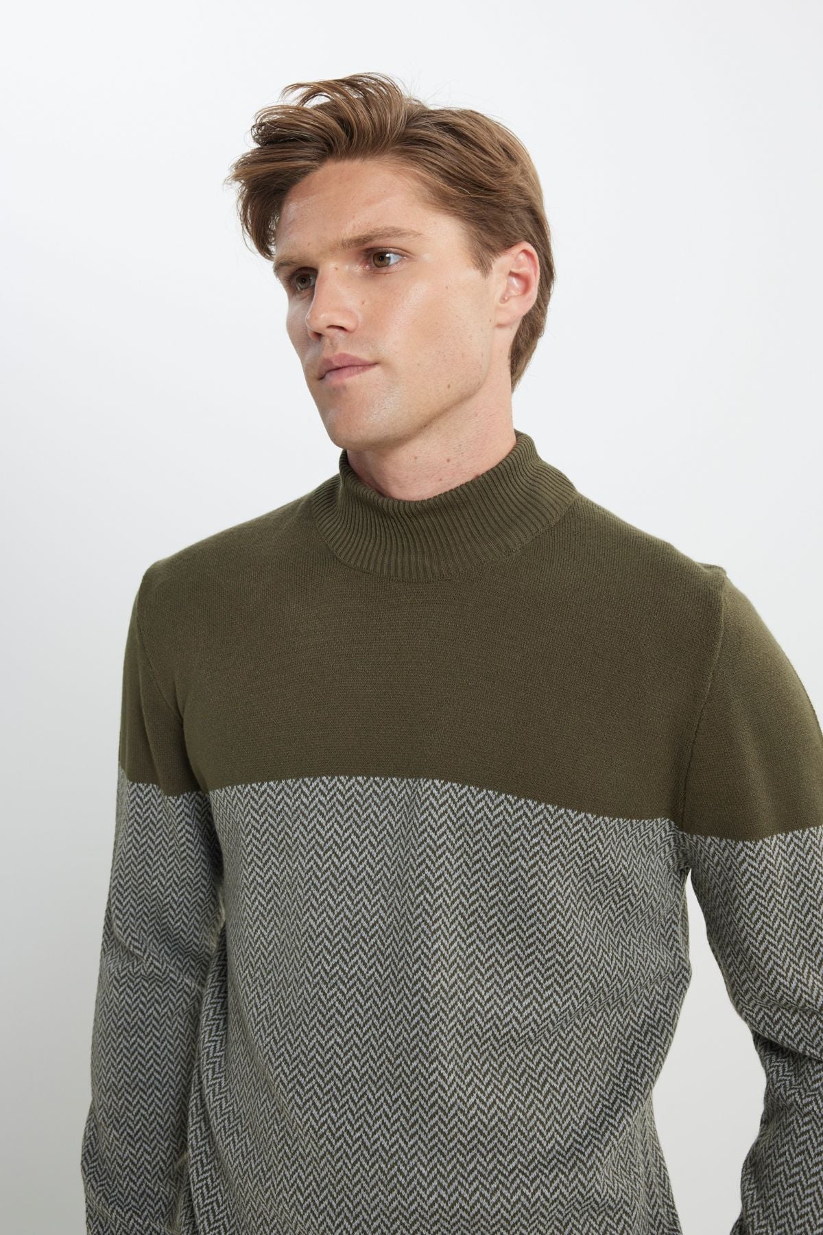 Men's Khaki-Gri Standard Fit Normal Cut Half Fisherman Neck Patterned Knitwear Kazakh