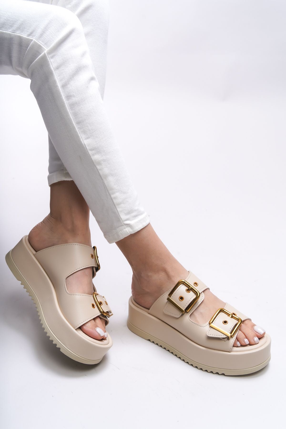 Winledha Woman Double Buckle Slipper 001278 beige skin