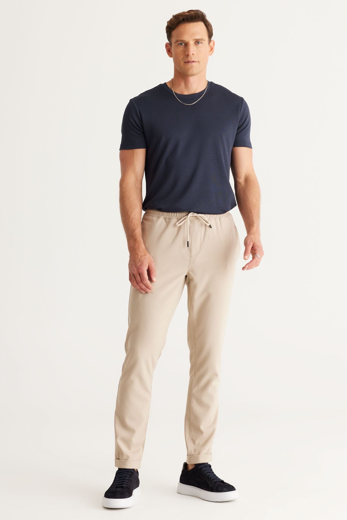 Men's Beige Slim Fit Casual Cutting Waist Tied Side Pocket Jogger Pants