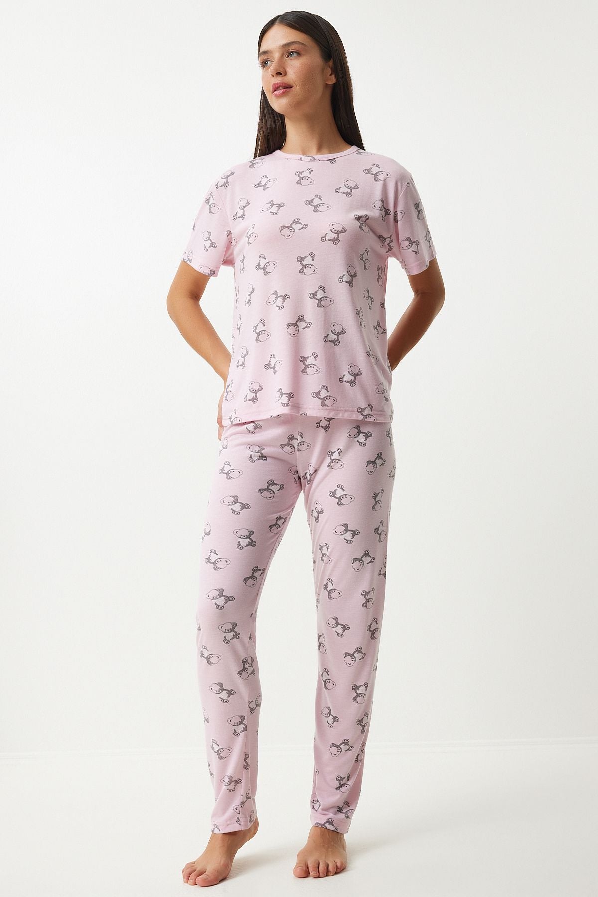 Woman Light Pink Patterned Viscose Trousers T-Shirt Pajama Set EC00046