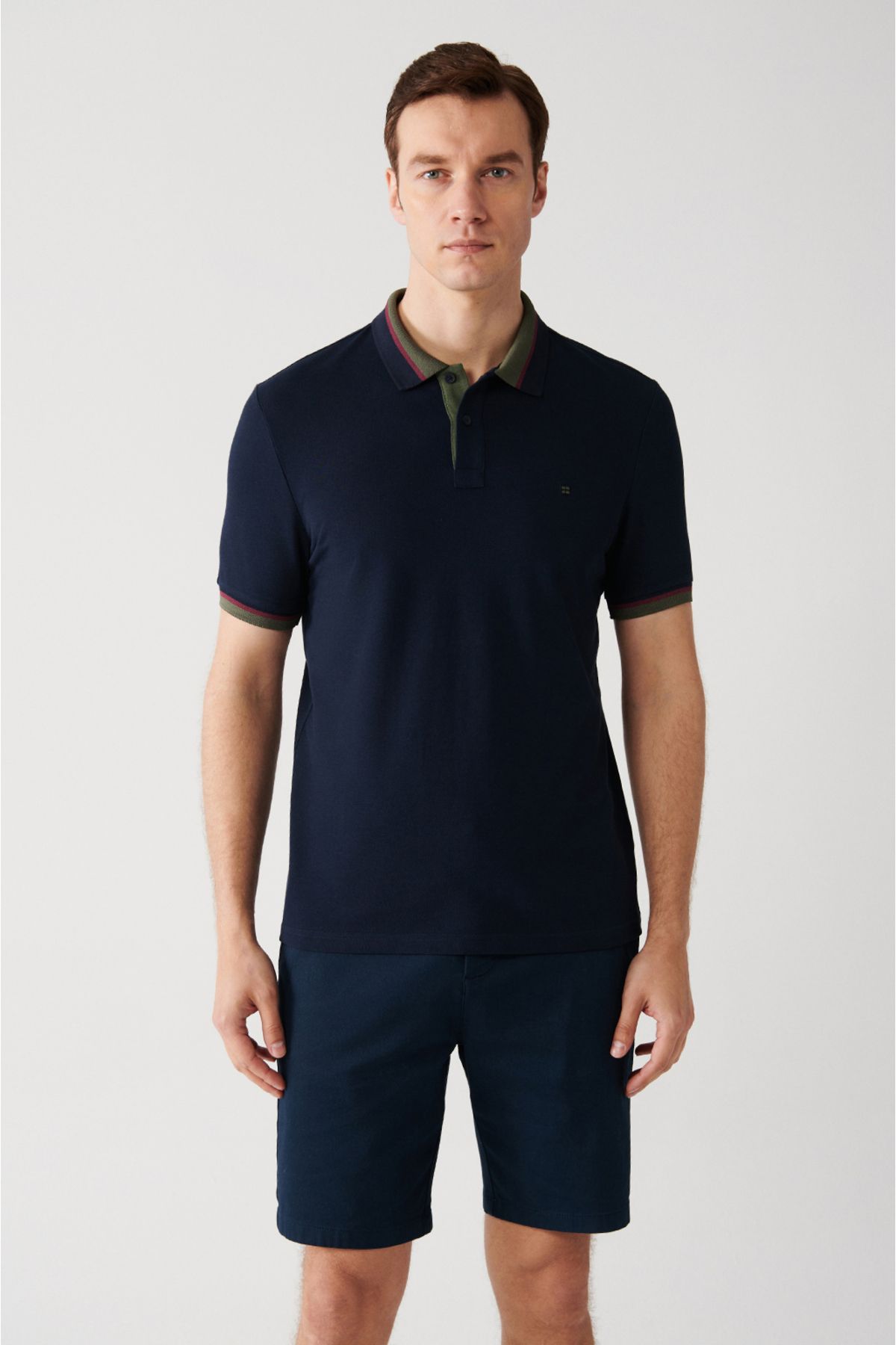 Men's Navy Blue striped 100 %cotton 2 button polo collar T-shirt E001036