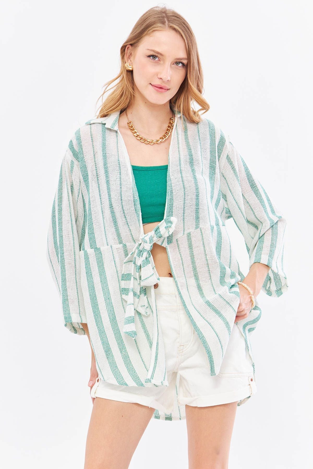 Woman Dark Green Striped front connecting kimono shirt ARM-24Y001091