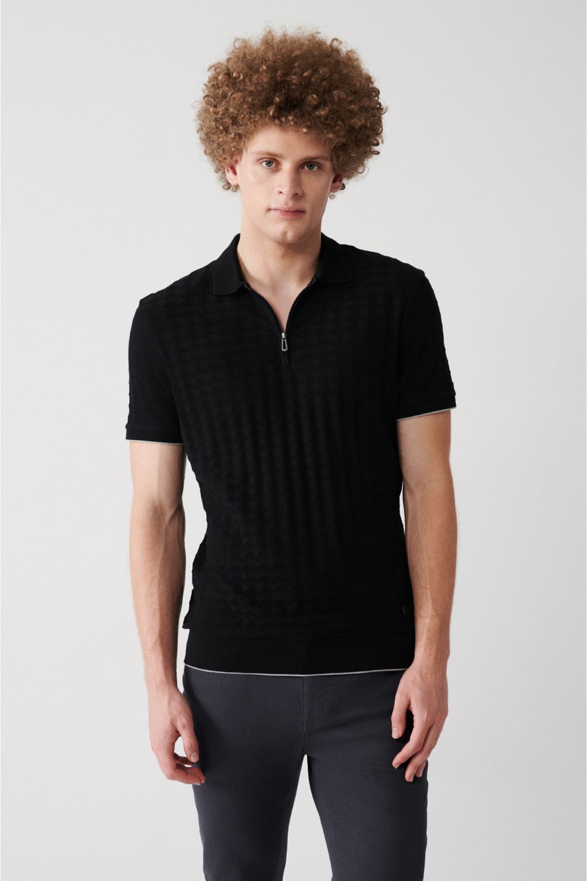 Men's Black 100 %Cotton Zipper Polo Yaka T-shirt A31y1165