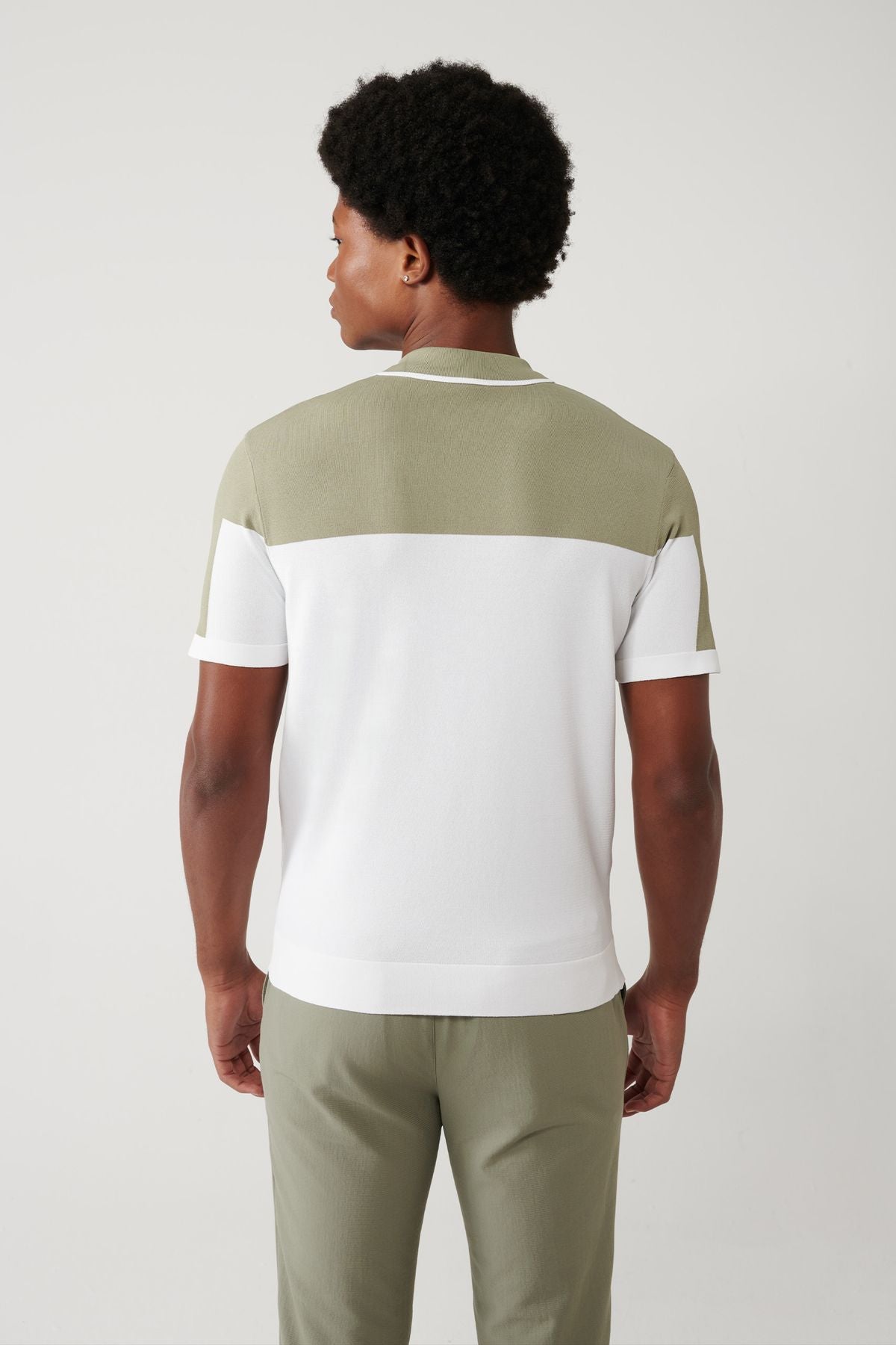 Men's Open Khaki Zippered Block Color Rayon Polo Yaka Triko T-shirt A41y5000