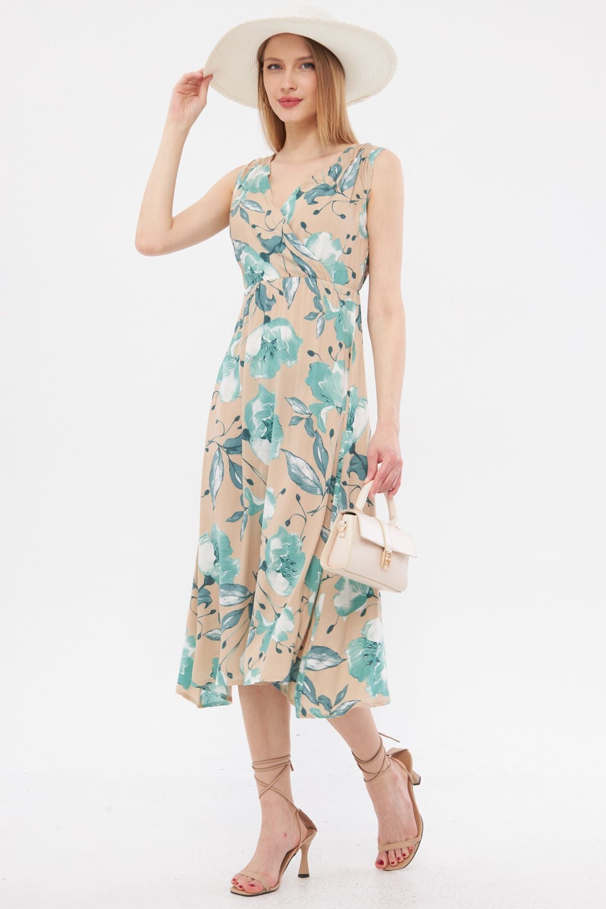 Female Beige Patterned Waist and Shooter Cruve Cruve Midi Boy Dress ARM-24Y001052