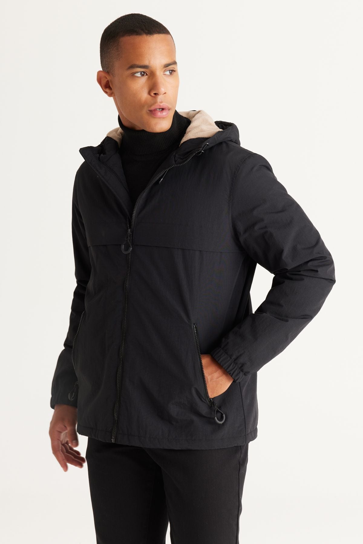 Men's Black Standard Fit Normal Normal Cut Hooded Side Pocket Coat