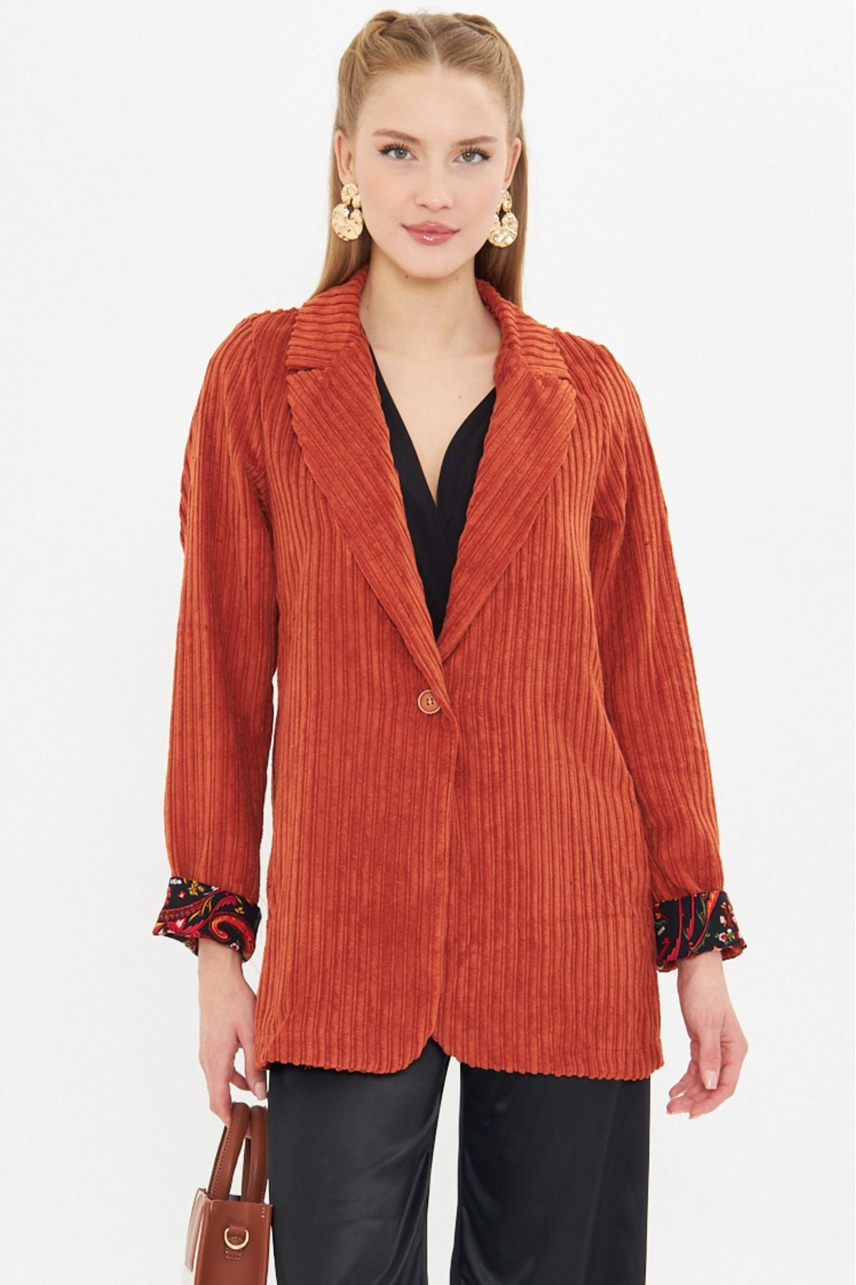 Female Tile In-Sleeve Patterned Single button Velvet Jacket ARM-24K001056