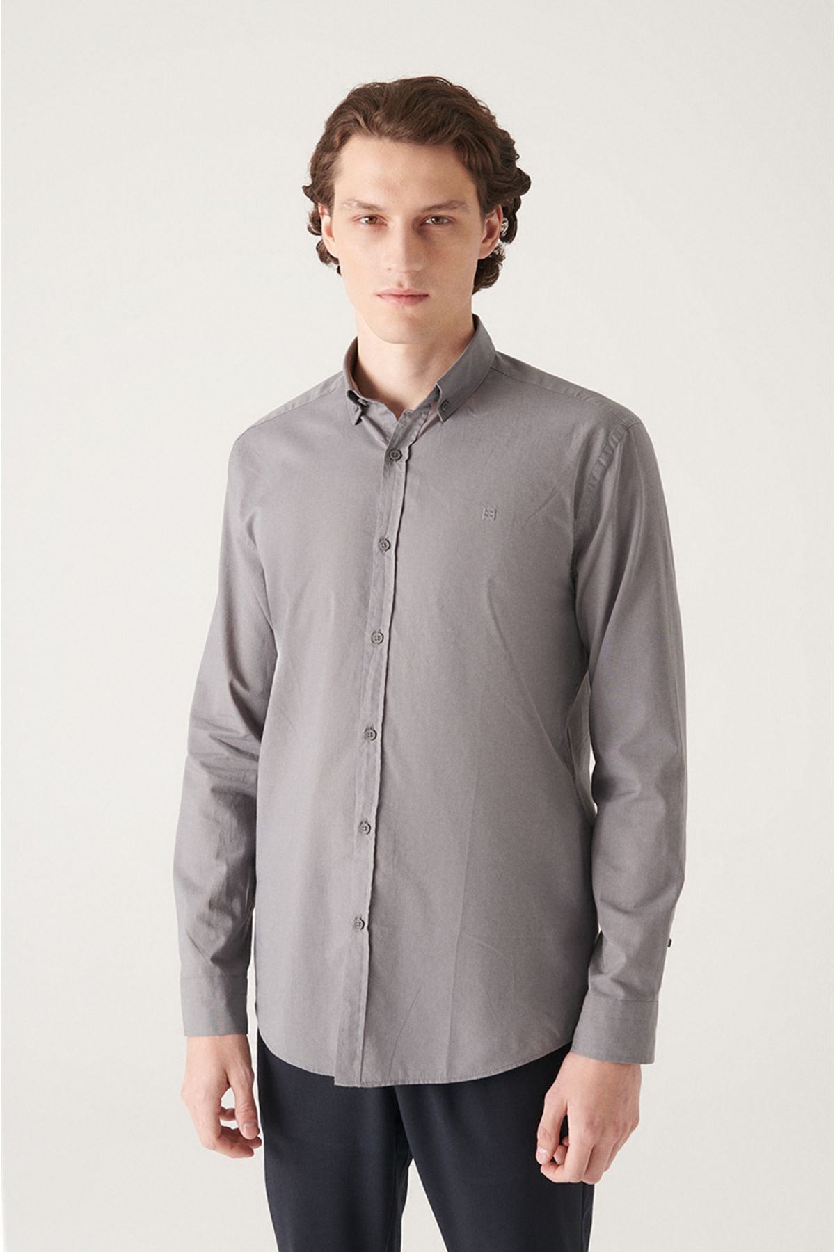 Men's Anthracite Shirt 100% Cotton Thin Soft Button Collar Long Sleeve Regular Fit E002206