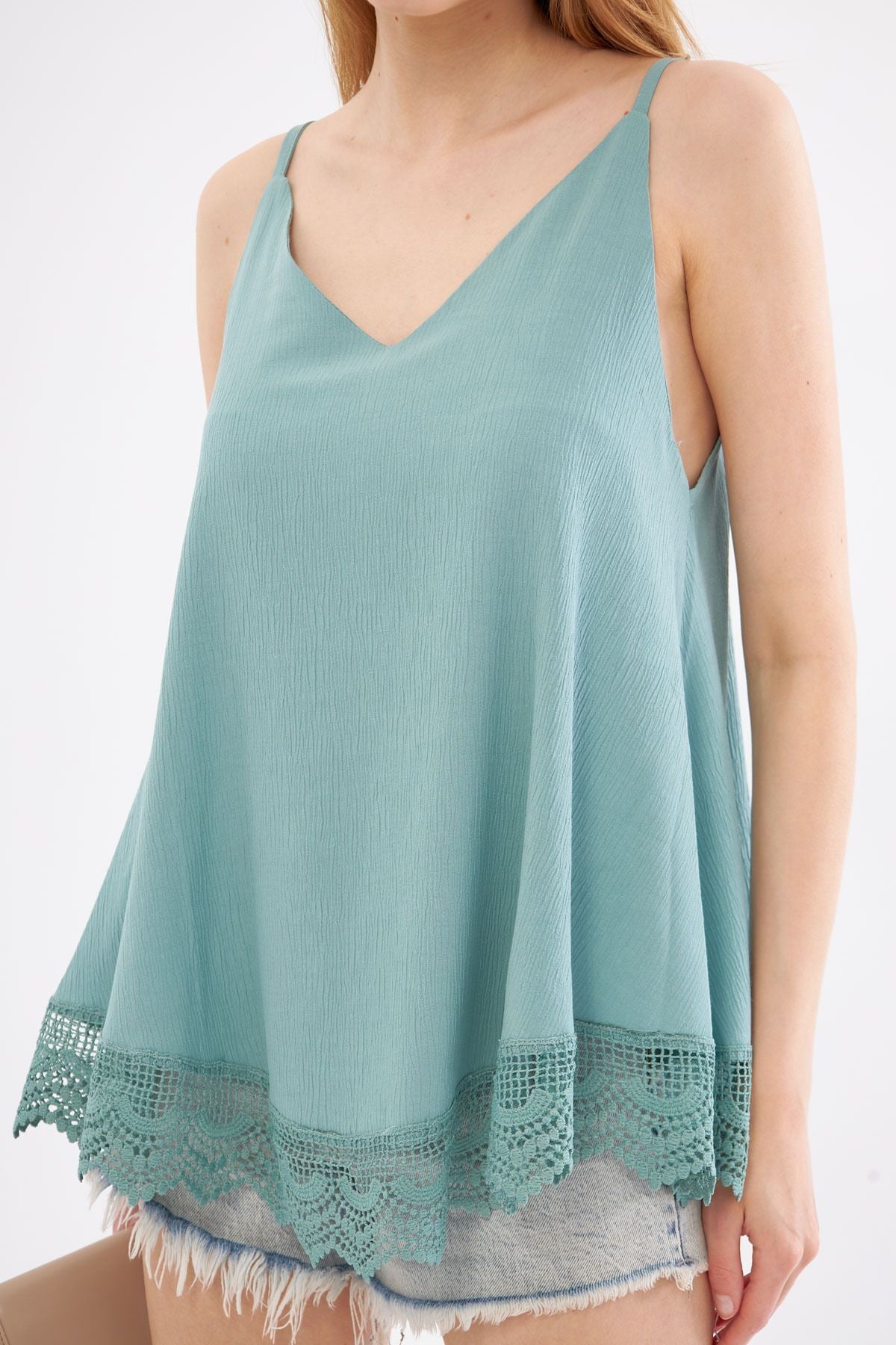 Female turquoise skirt lace strap blouse ARM-17Y00038