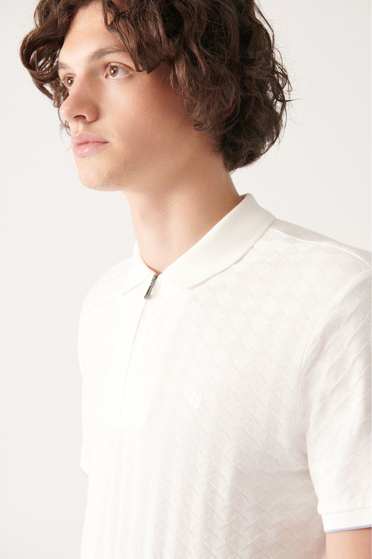 Men's White 100 %Cotton Zipper Polo Yaka T-shirt A31y1165