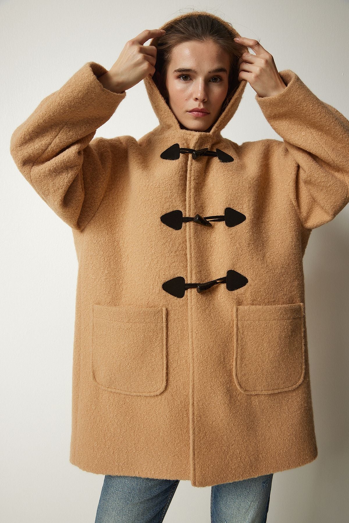 Female Biscuit Shepherd Buttoned Hooded Bouquet Coat to00117