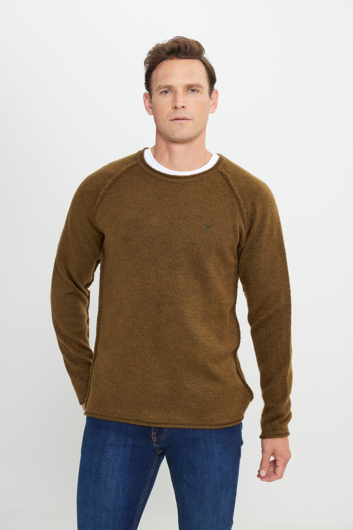 Men's Khaki Standard Fit Normal Cut Bicycle Collar Soft textured knitwear sweater