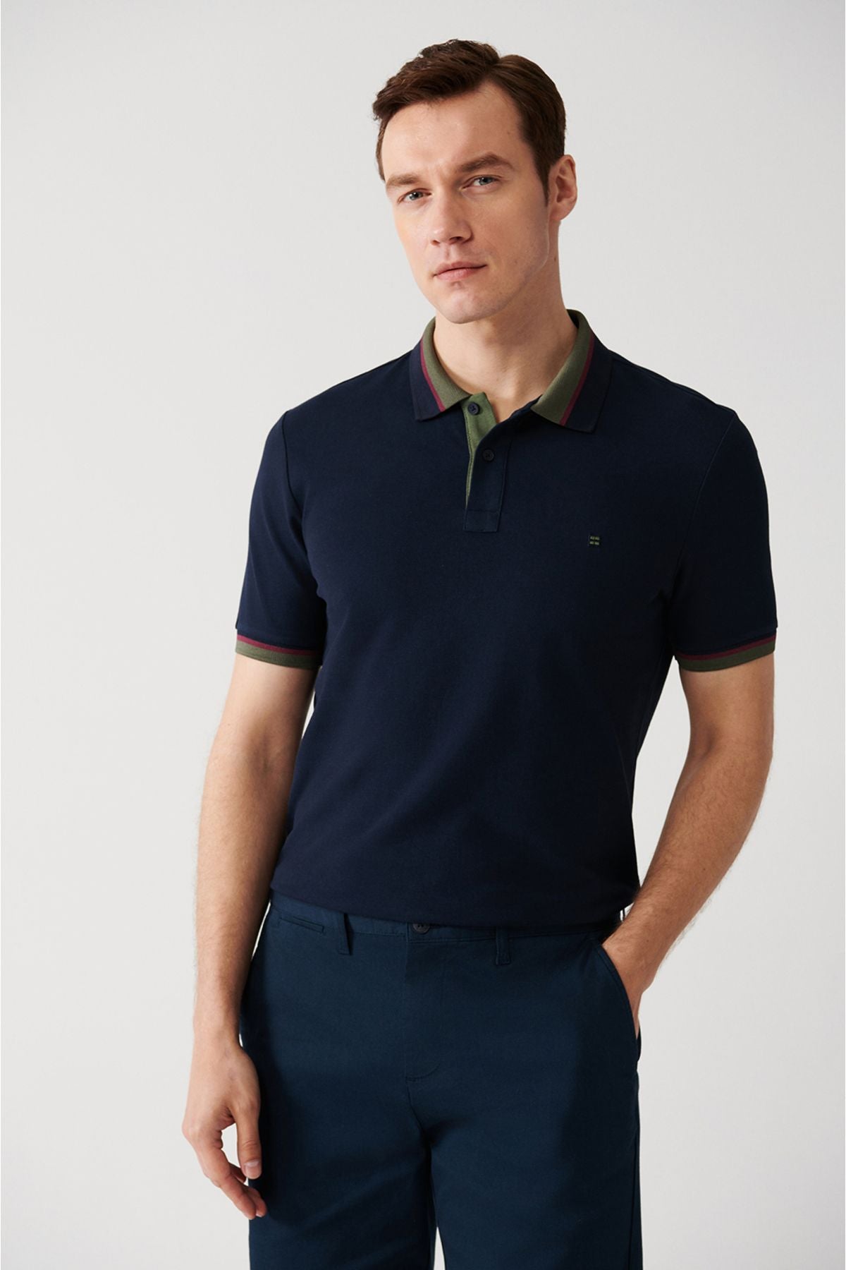 Men's Navy Blue striped 100 %cotton 2 button polo collar T-shirt E001036