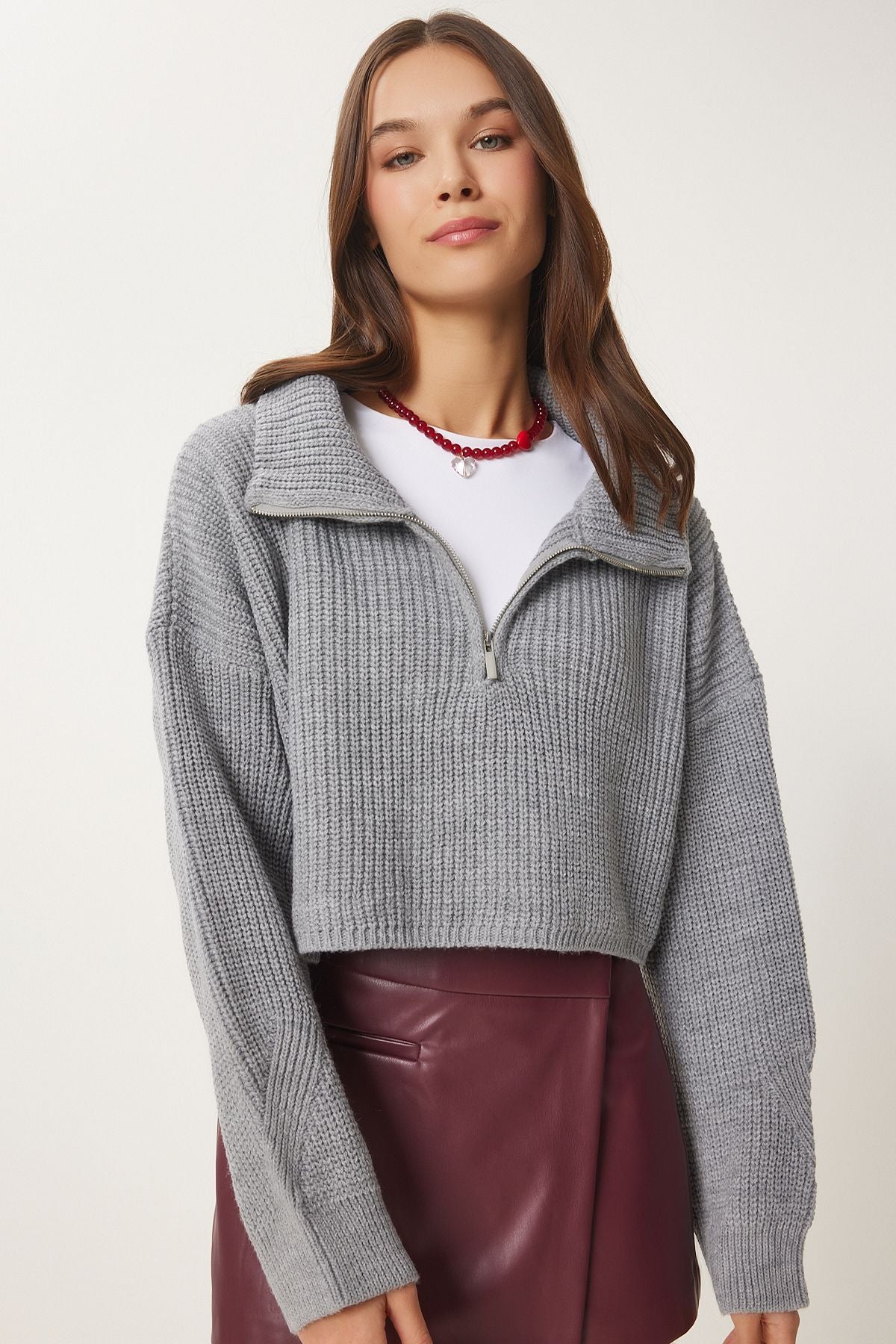Women's Gray Zippered Fisherman Yaka Knitwear Kazakh MX00124
