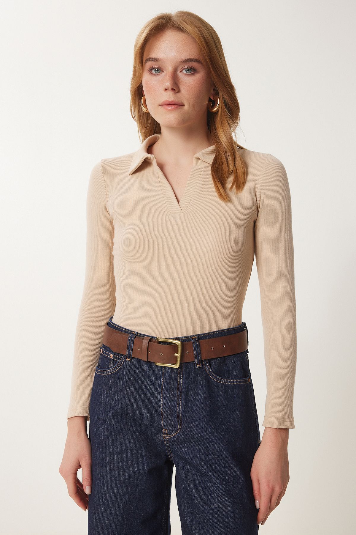 Women's cream polo collar wick knitted blouse GT001111
