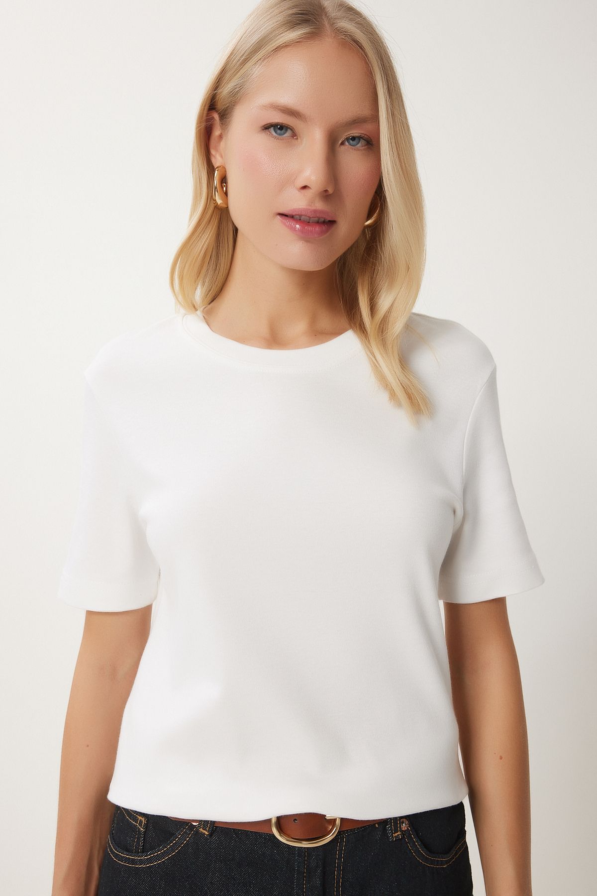 Woman White Cotton Basic Knitting T-Shirt AG00001