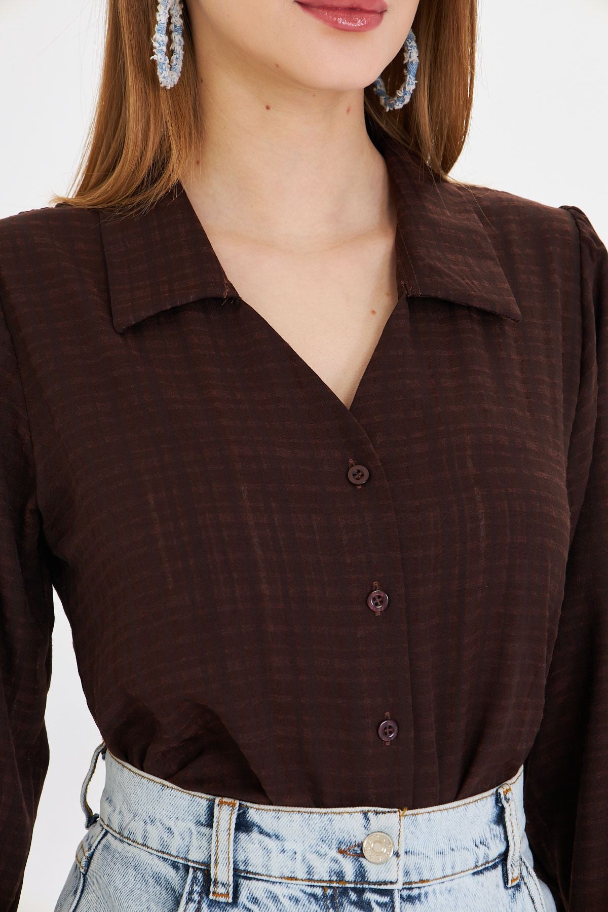 Female Coffee V-Yaka Balloon Arm Bürümcük Shirt ARM-25K001088