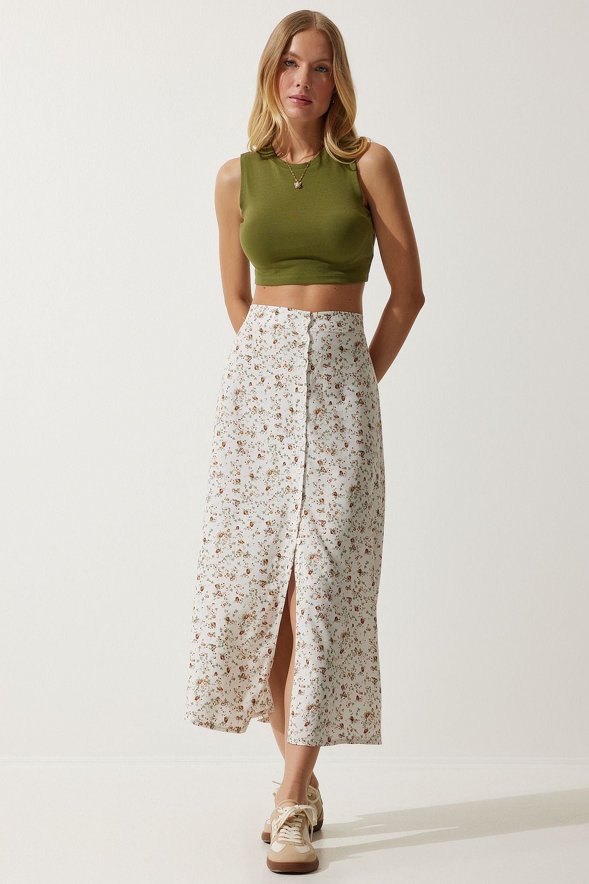 Female ecru patterned slit viscose skirt UB00246