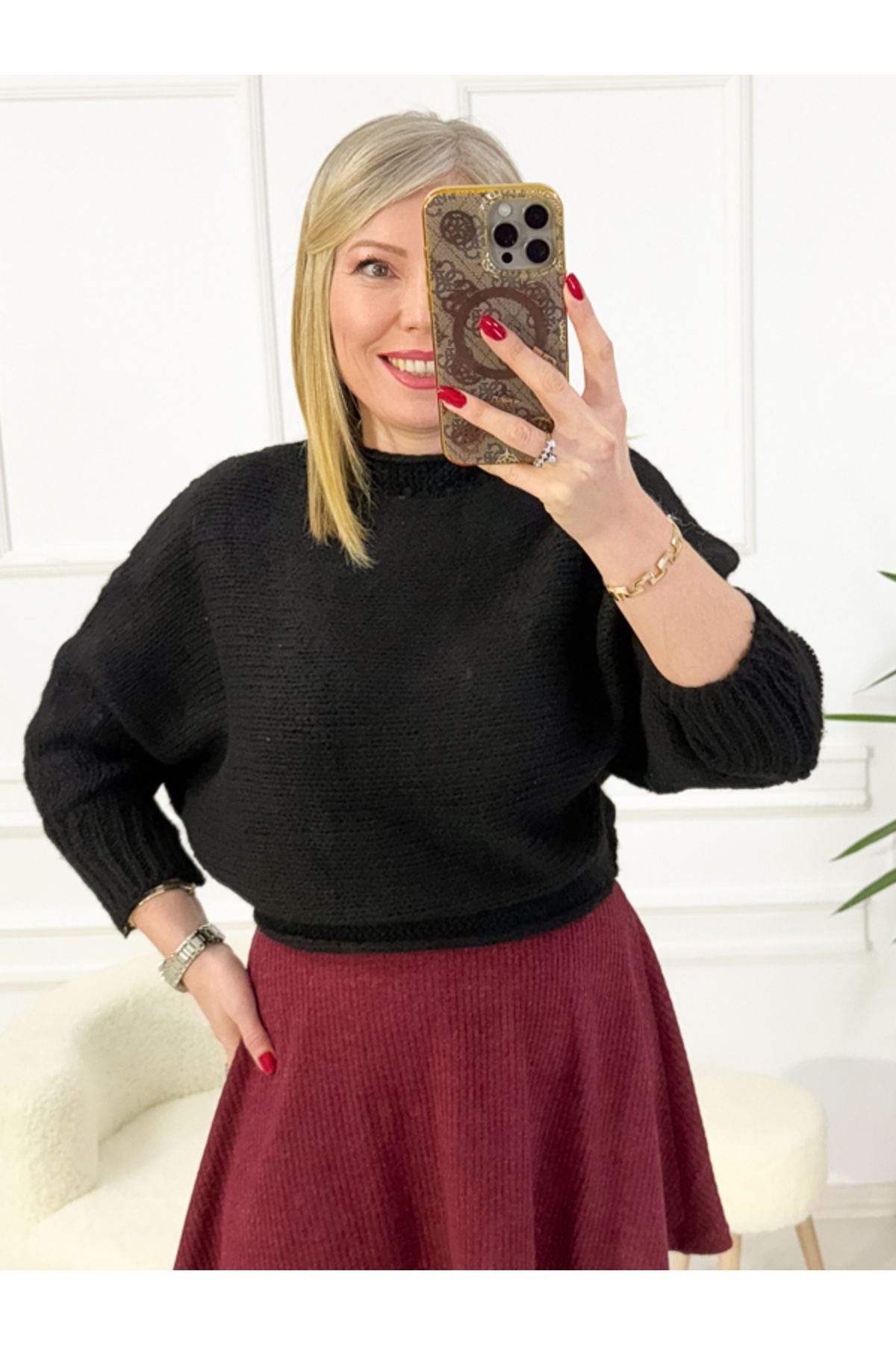 Woman Black Bat Sleeve Spring Knitwear Sweater Arm-22y012017