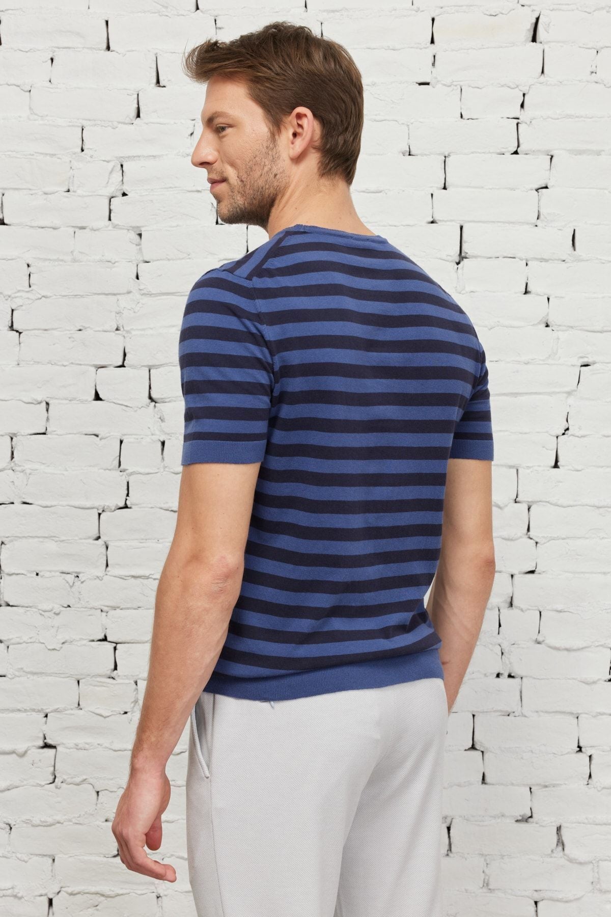 Men's Lacı-İndigo Standard Fit Normal Cut Bicycle Collar Cotton striped knitwear T-shirt