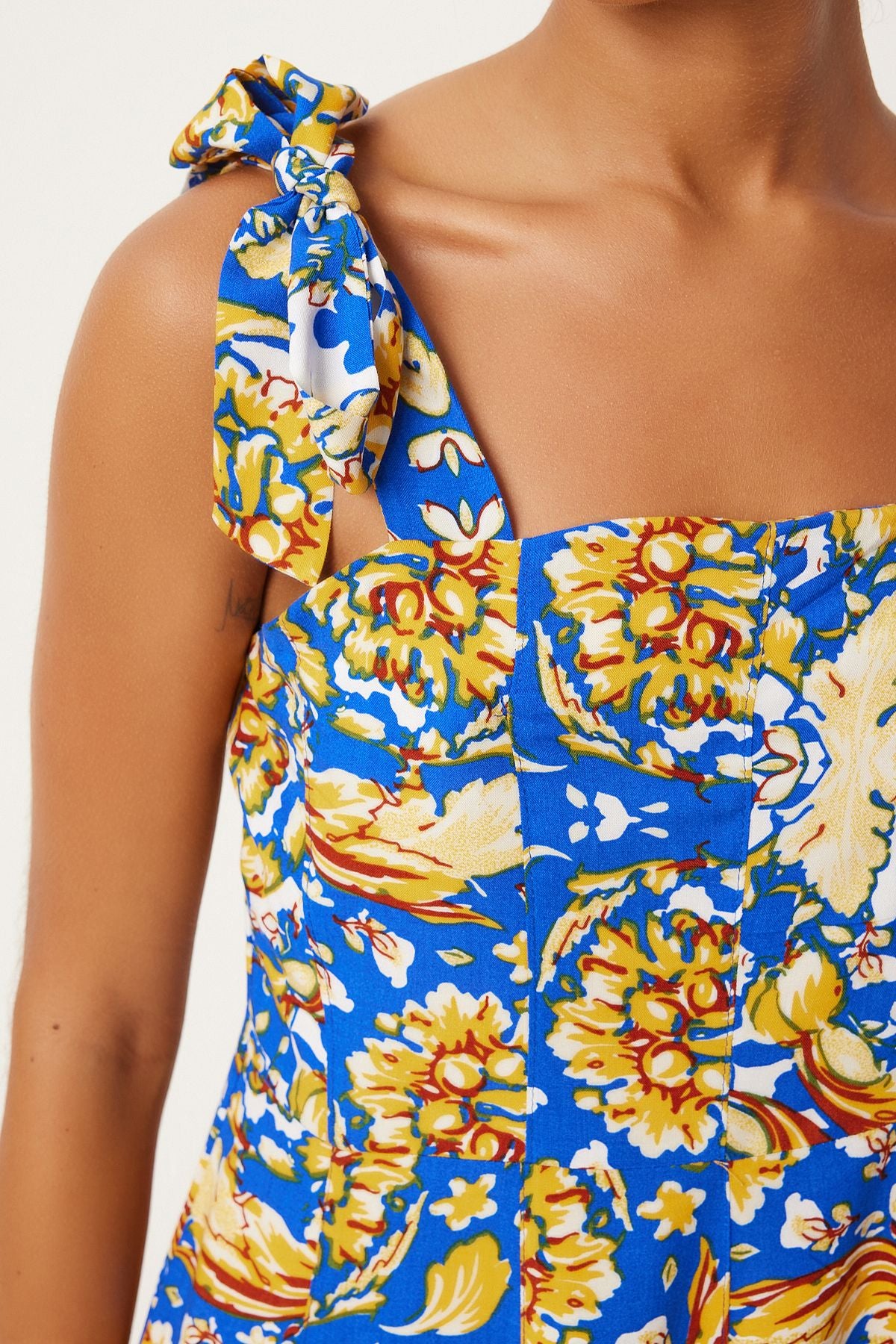 Female Blue Yellow Thick Standed Summer Mini Viscose Dress FN03238
