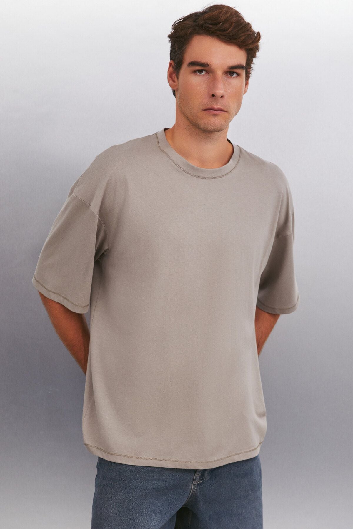 Rhett Men's Oversizle Fit Plenty Site 100 %Organic Cotton Basic Knitting Vizon T-shirt