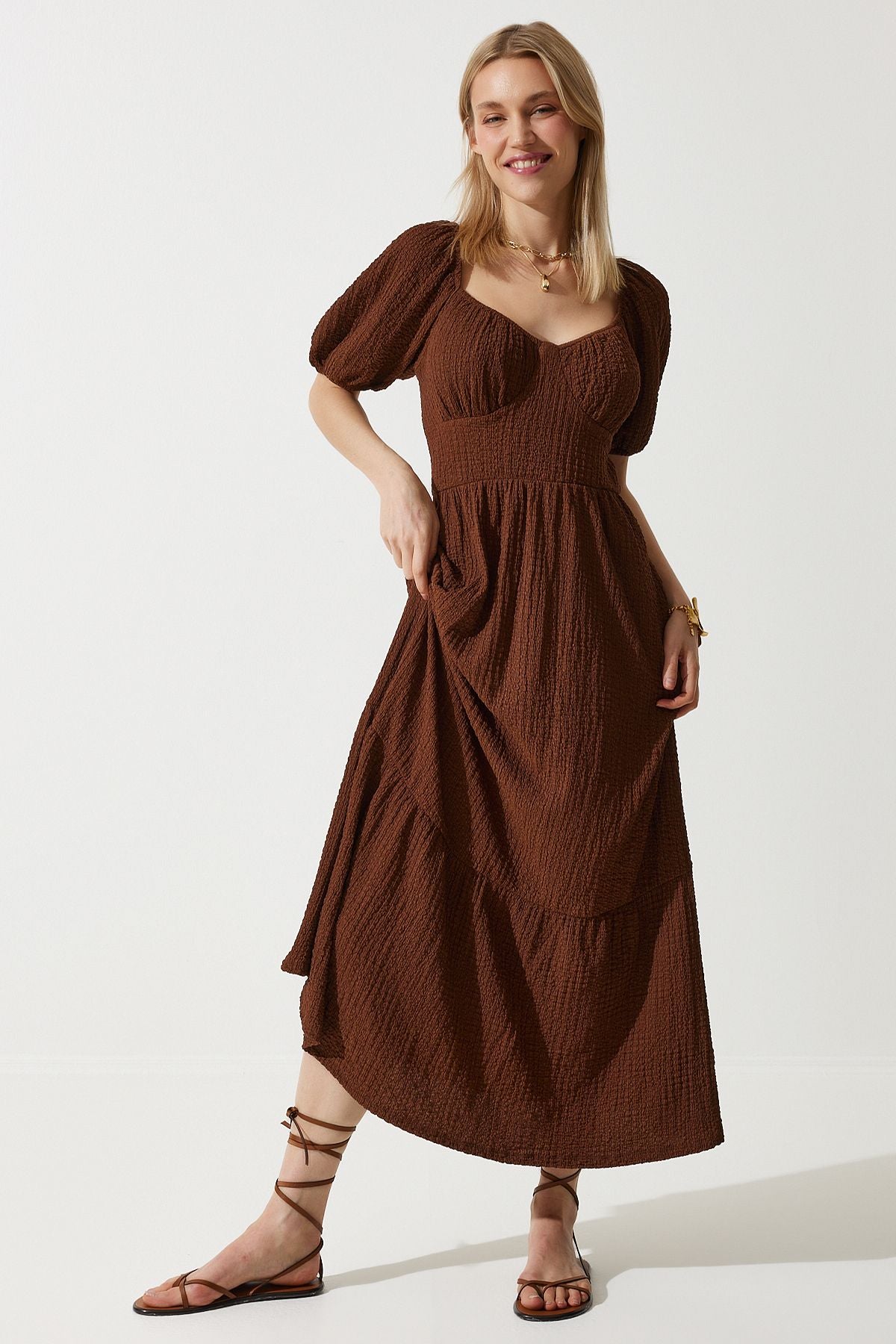 Female Brown Heart Collar textured summer knitted dress ub00050