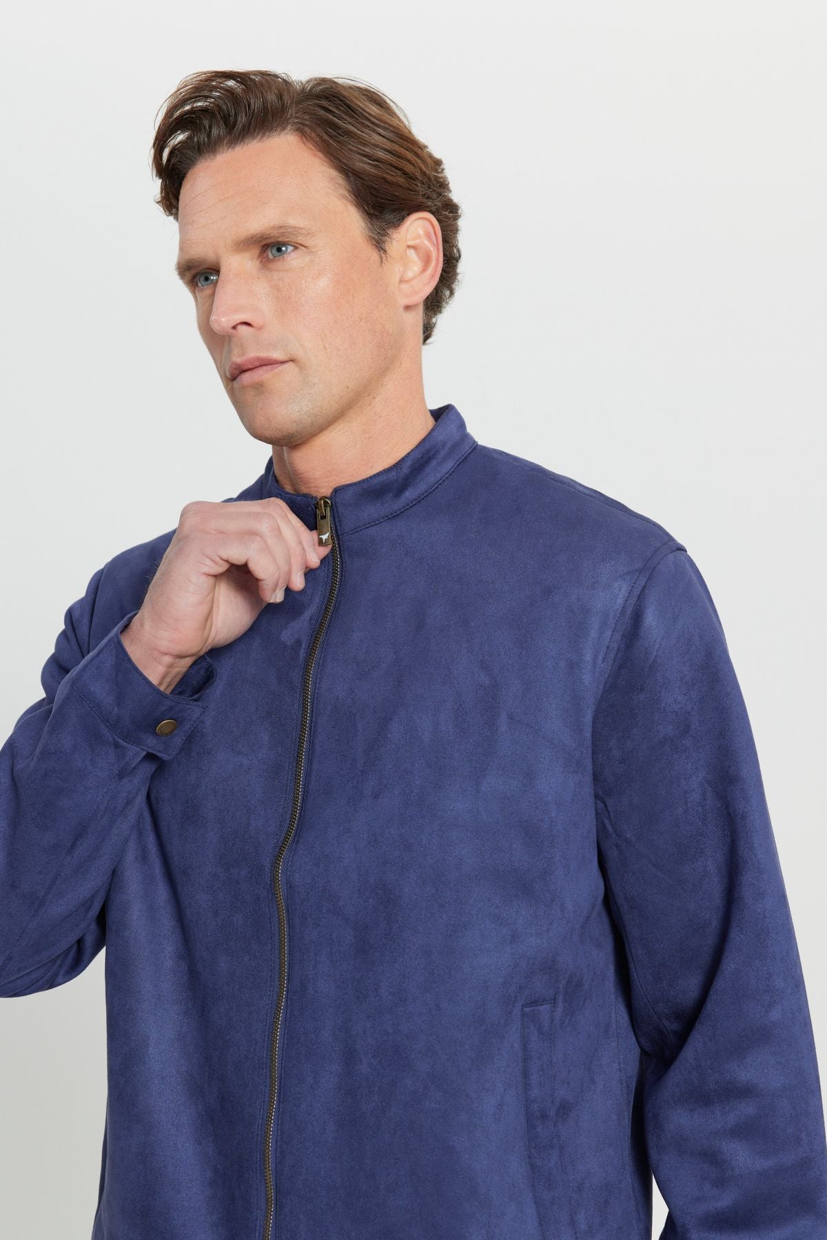 Men's navy blue standard fit normal cut upright collar suede jacket coat