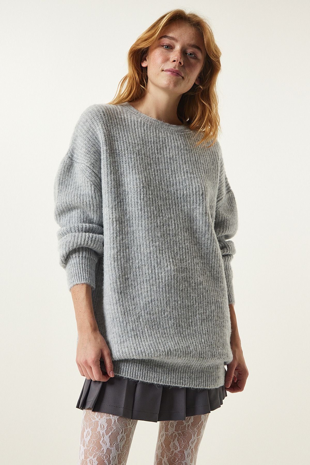 Light Gray Oversize Long Basic Knitwear Kazakh BV00099