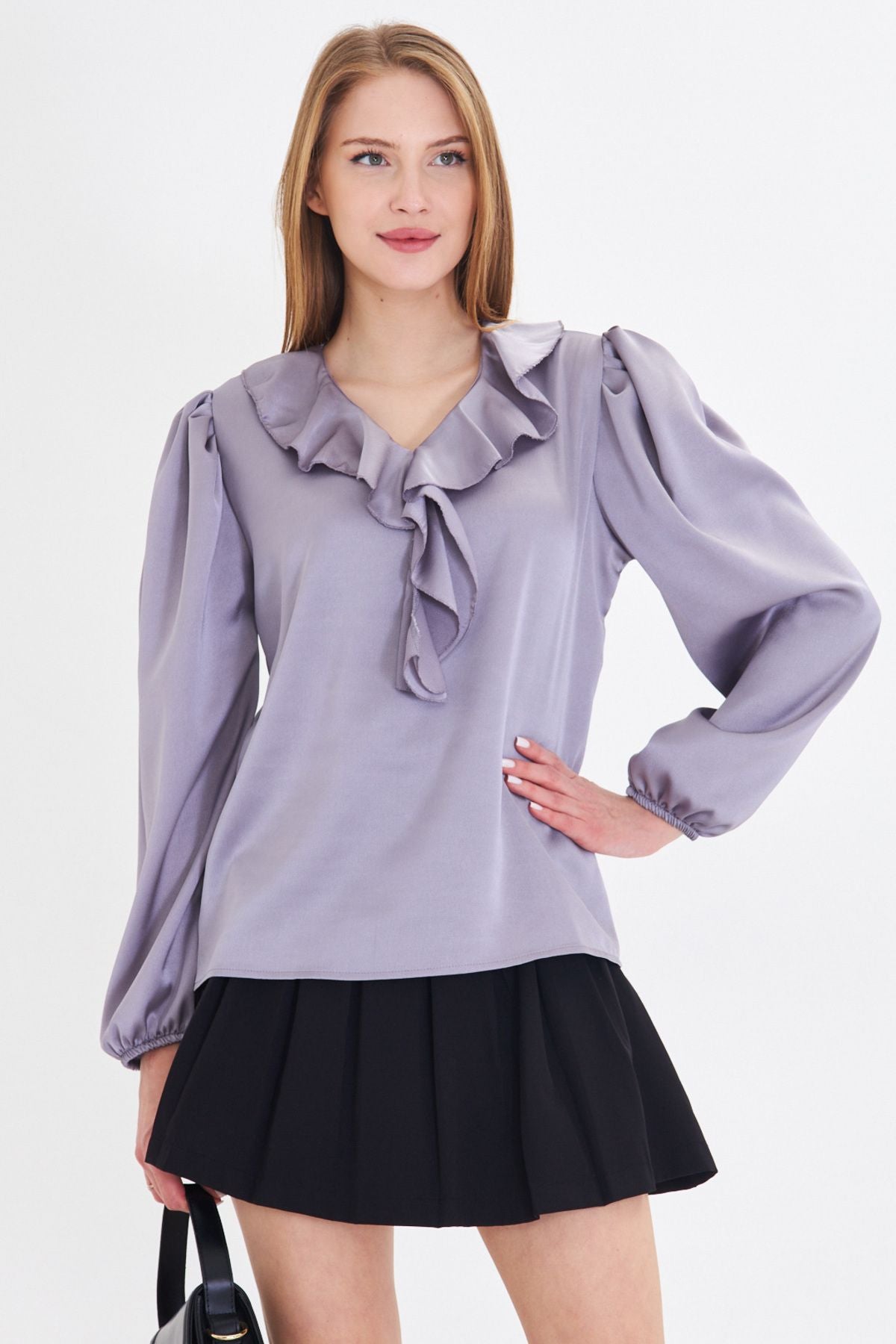 Female gray collar frilled shoulder shirred arm tire cotton satin blouse ARM-22K001059