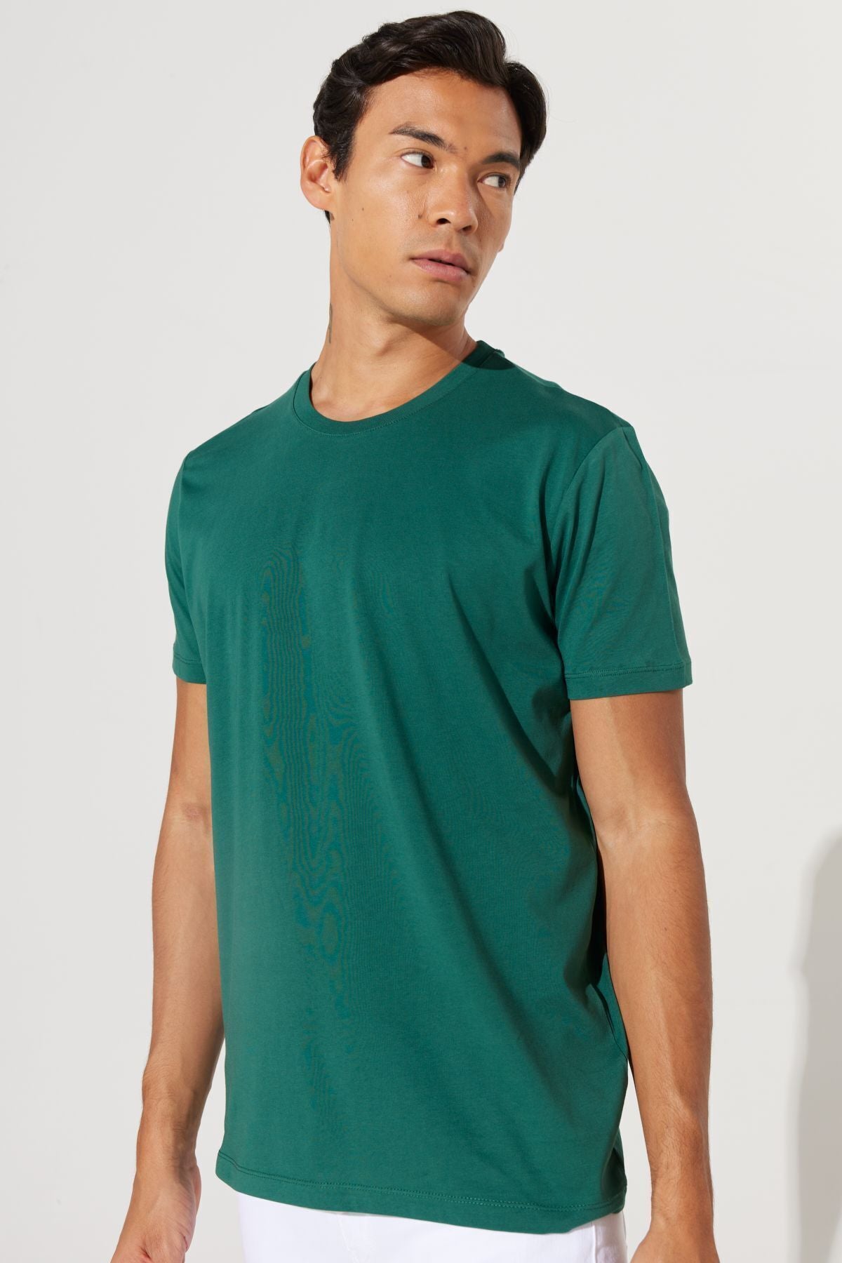 Men's dark green slim fit narrow cut 100 %cotton bike collar Basic T -shirt