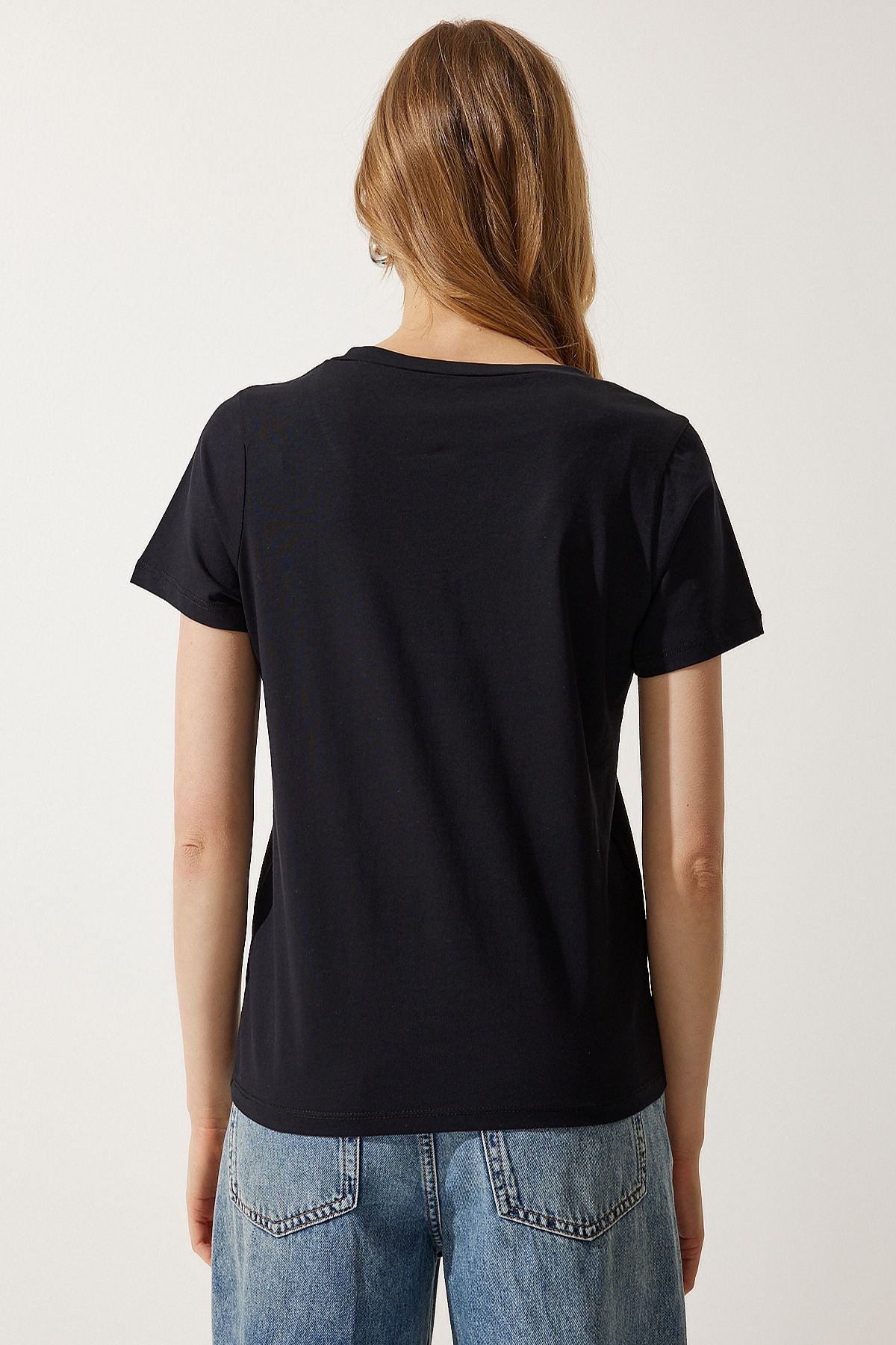 Woman Black V-Neck Basic Knitting T-Shirt UB00261