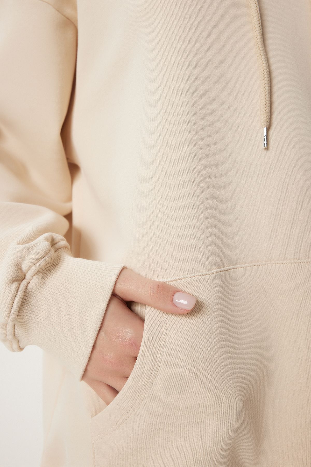 Women's Cream Hooded Sweatshirt Jogger Oversize Knitting Satatches PYS0027