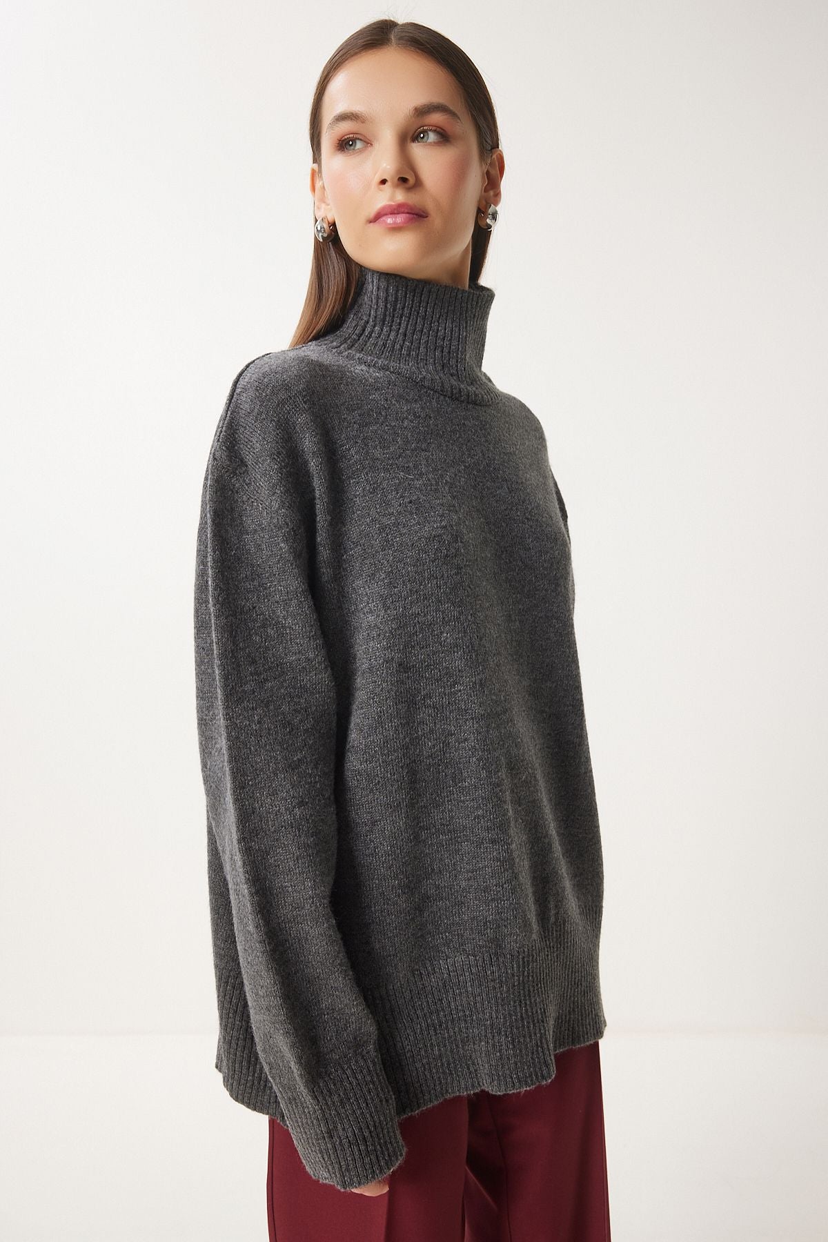 Female anthracit fisherman collar knitwear sweater FN03390