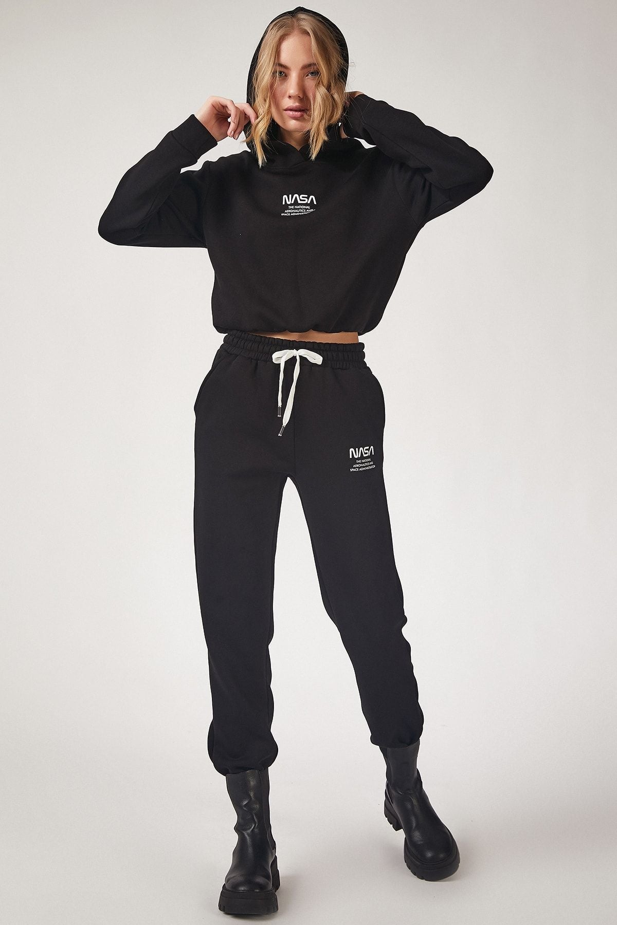Female Black NASA printed fleece tracksuit team LD00022