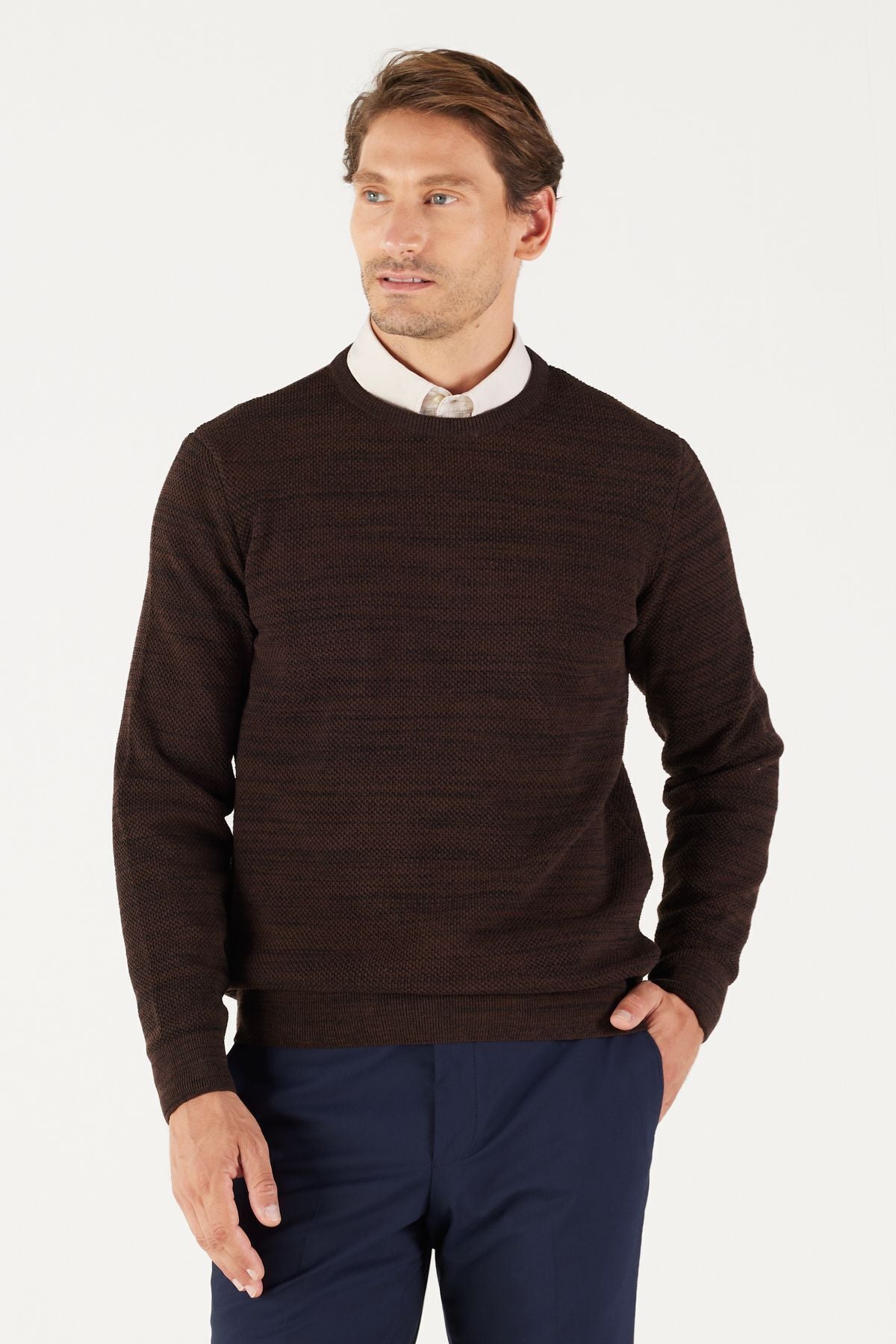 Men's Brown-Black Standard Fit Normal Cut Normal Cycling Bike Patterned Knitwear Sweater